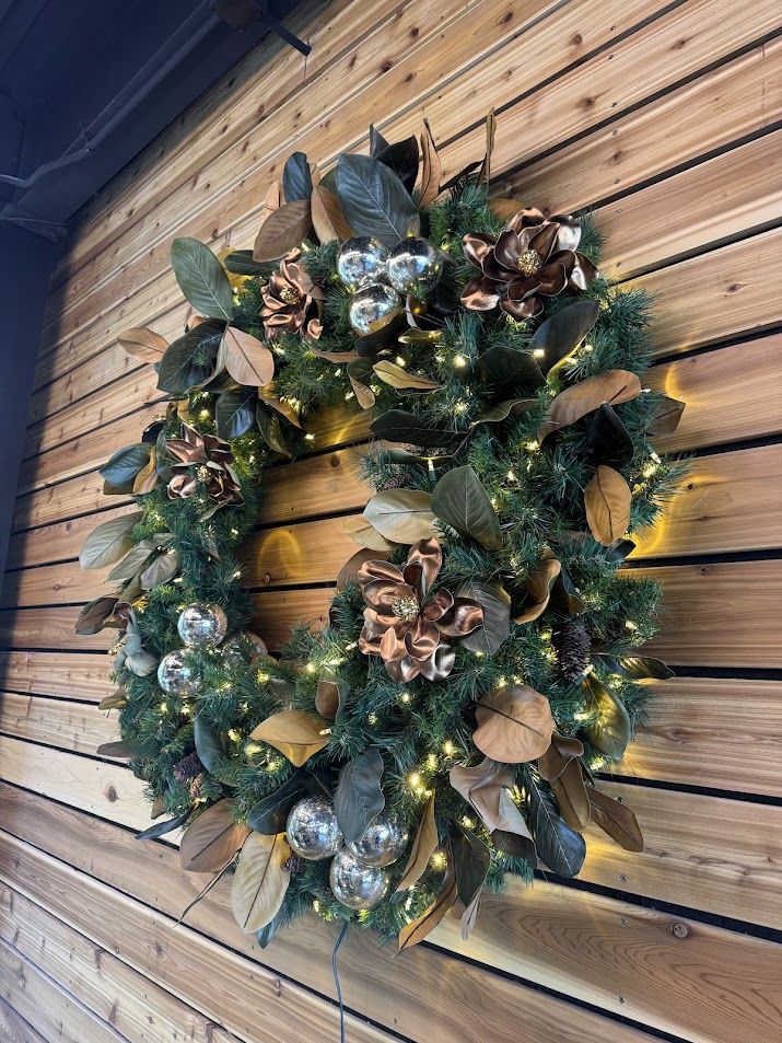 Magnolia and copper ornament wreath, detail
