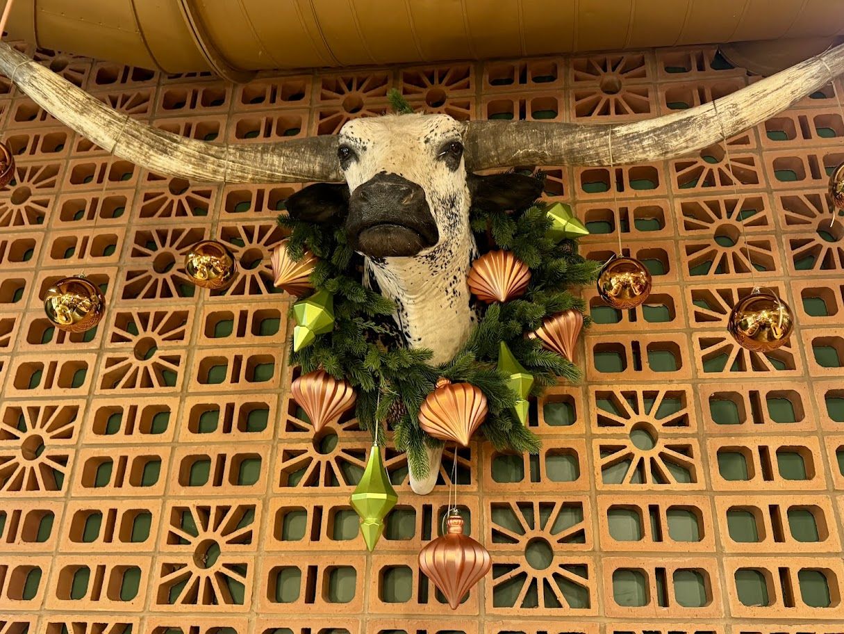 Festive wreath and ornaments around a mounted longhorn