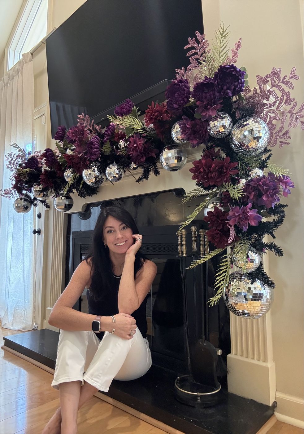 Purple florals and disco-ball Halloween mantel garland